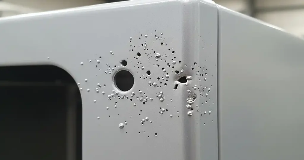 Close up of pinhole defects in powder coating of aluminum household appliance components