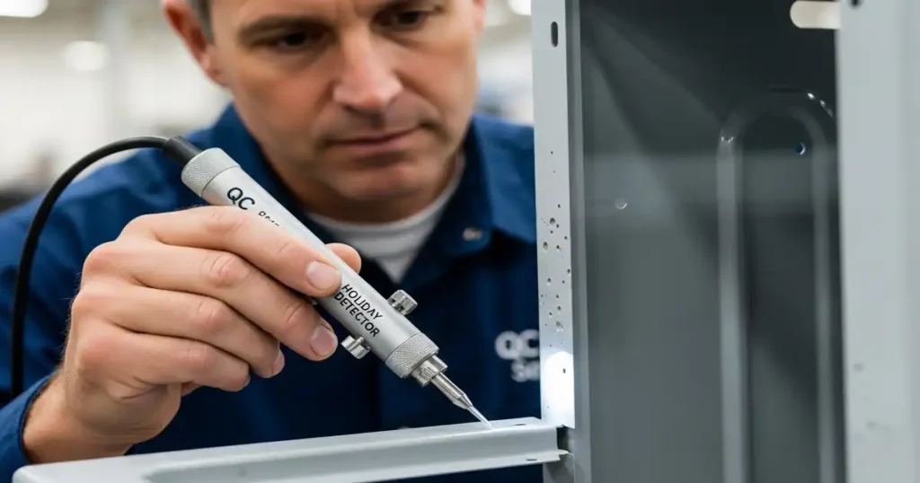 Quality control personnel use an electric spark detector to check the coating